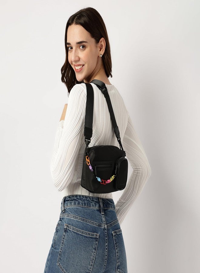 Fastrack Statement Chain Sling Bag for Women | Black Nylon Crossbody with Zipper Closure, Front Utility Pockets and Adjustable Strap | Lightweight Urban Sling for College & Travel - Image 2
